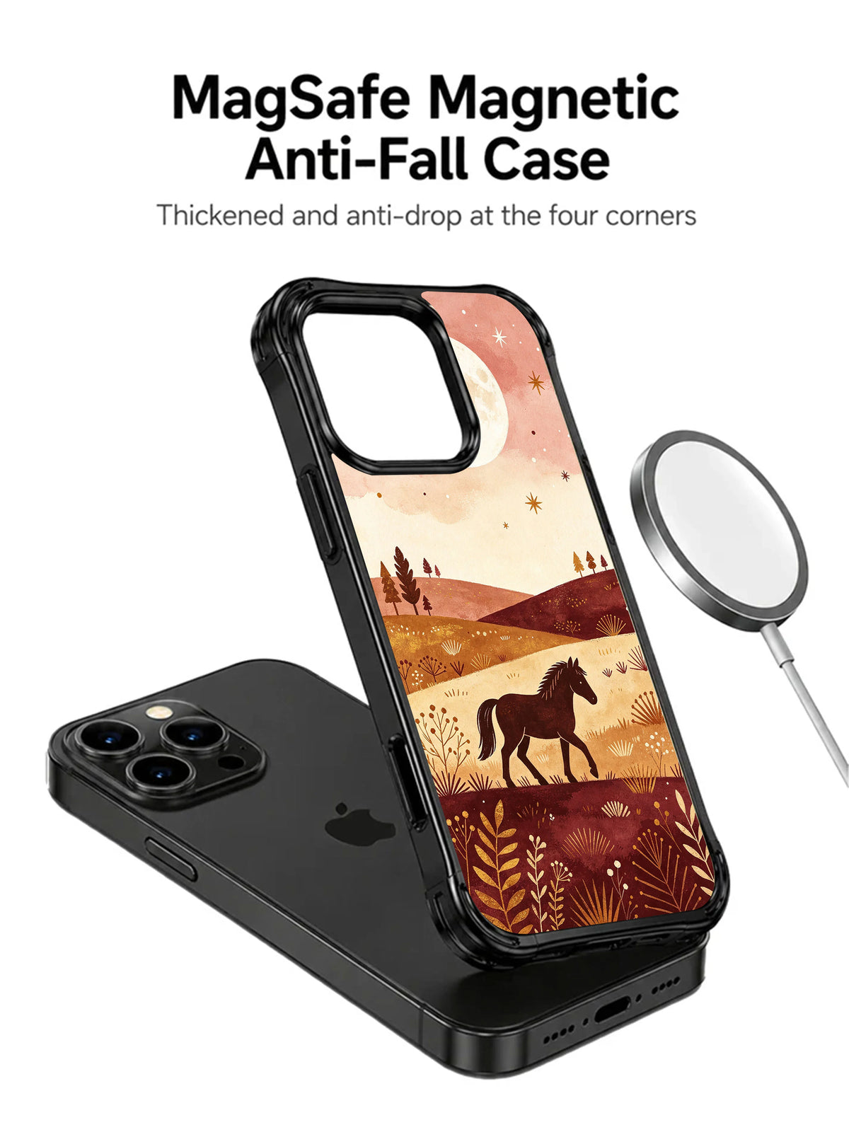 Prairie Moon Pony: Illustrated case shown separately above a phone, beside a circular charging puck.