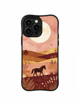 Prairie Moon Pony / Moonrise Wander: A small dark horse beneath a large pale moon above layered gold, rust and peach hills.