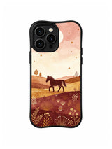 Prairie Moon Pony / Quiet Horizon: A dark horse above a burgundy field of fine grasses, beneath a pale open sky and moon.
