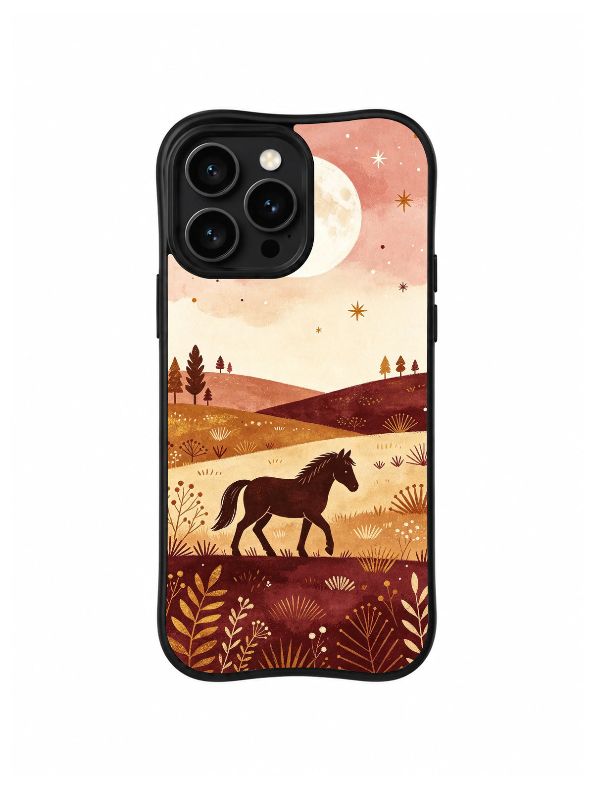 Prairie Moon Pony / Starlit Ridge: A larger dark horse on a golden ridge with small distant conifers and stars in a peach sky.