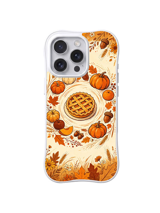 Prairie Pumpkin Harvest: A small lattice pie inside circular lines, encircled by pumpkins and fruit above a field-flower border.