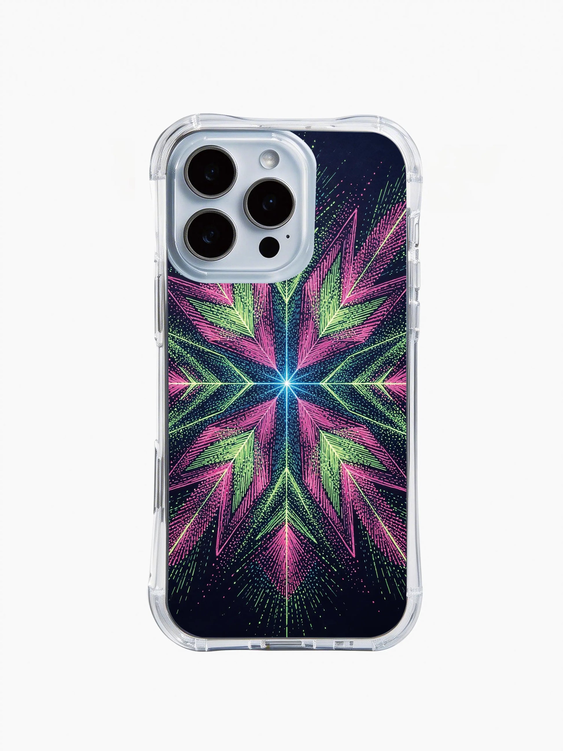  PhoneCasing iPhone 14 Pro Max Case featuring a primal neon star geometric art, durable clear case with bohemian-inspired glowing print.