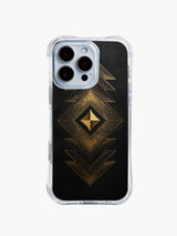 PhoneCasing iPhone 14 Pro Max Case featuring primal peak geometric art, durable clear case with bohemian-inspired gold print.