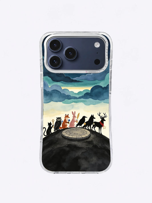 Animal guardians gathering around a stone platform beneath an eclipse on an iPhone case