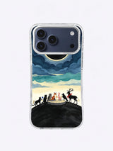 Pale gold ring surrounding a black eclipse above animal silhouettes on an iPhone case