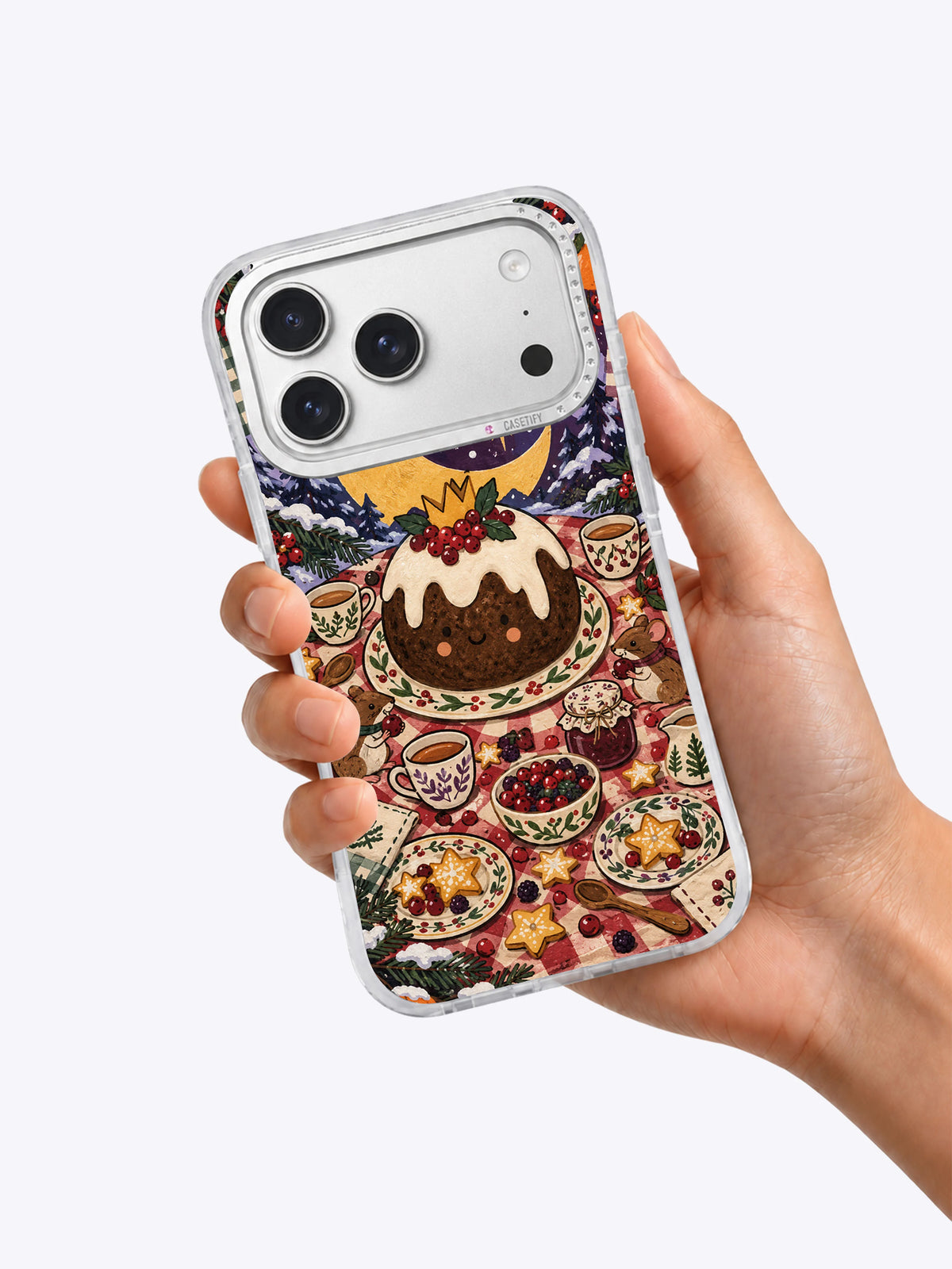 Pudding Moon Picnic iPhone 17 Pro Max case in hand