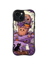 Pumpkin Coffin Planter iPhone 13 case with purple roses, ghost and black cat