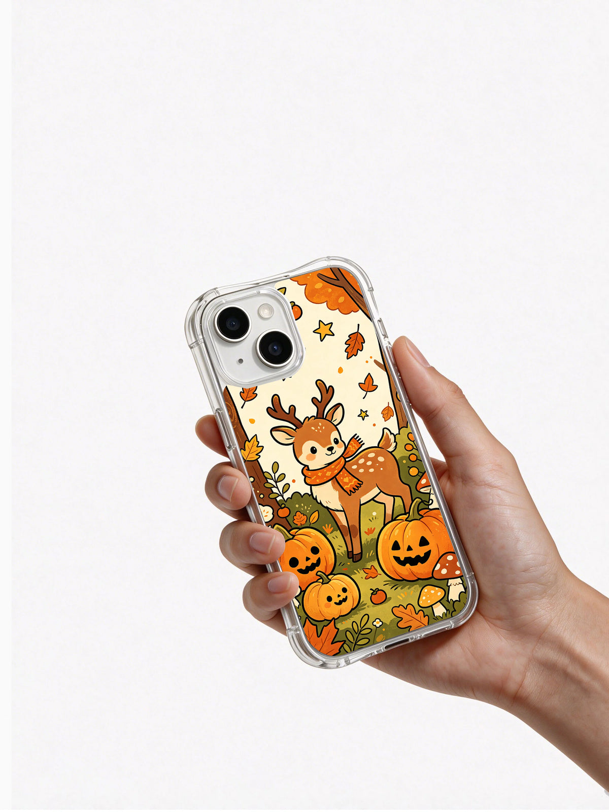 Hand holding Pumpkin Deer Autumn Waltz iPhone 14 case