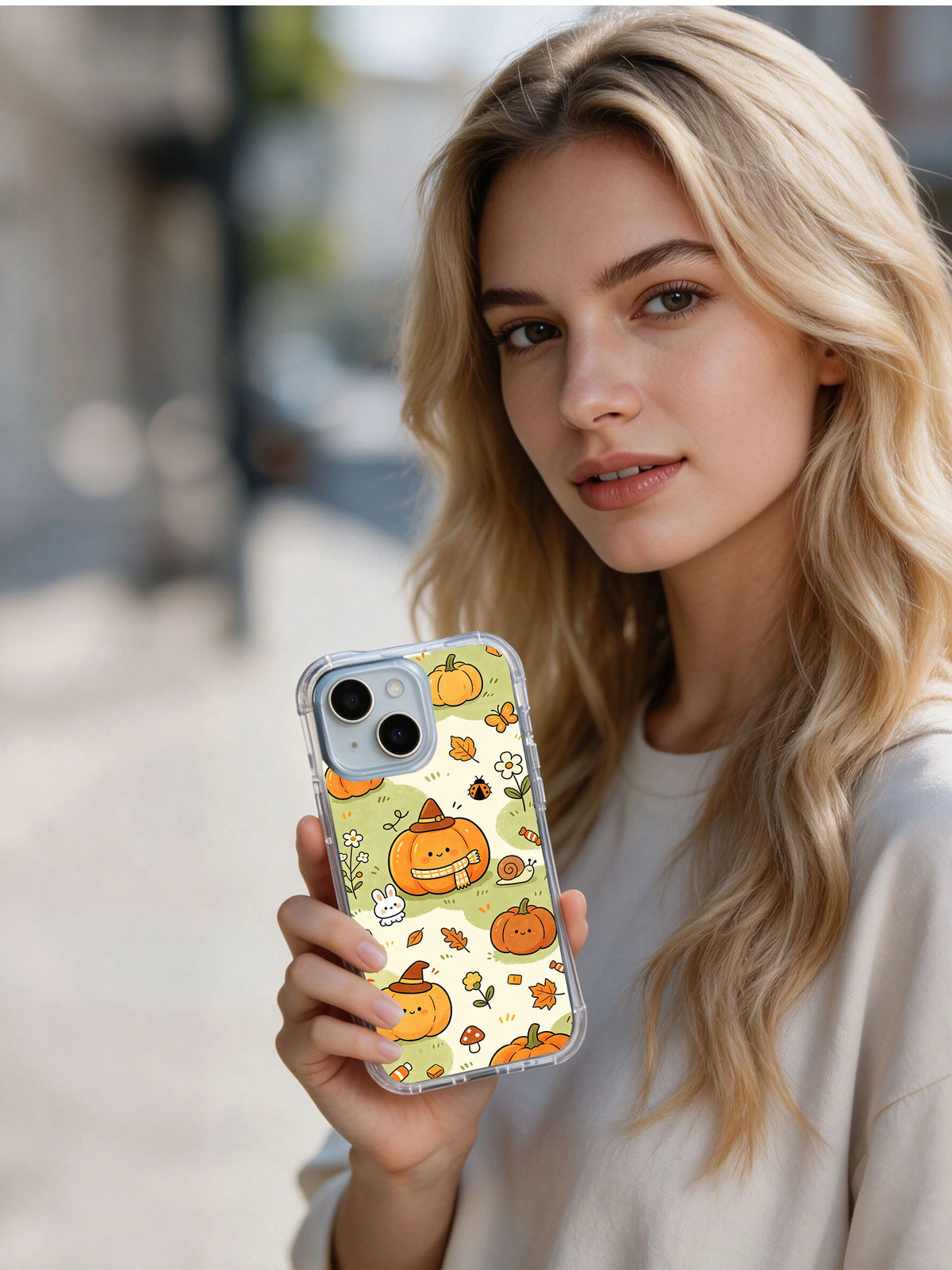 Model holding Pumpkin Garden Friends iPhone 14 case