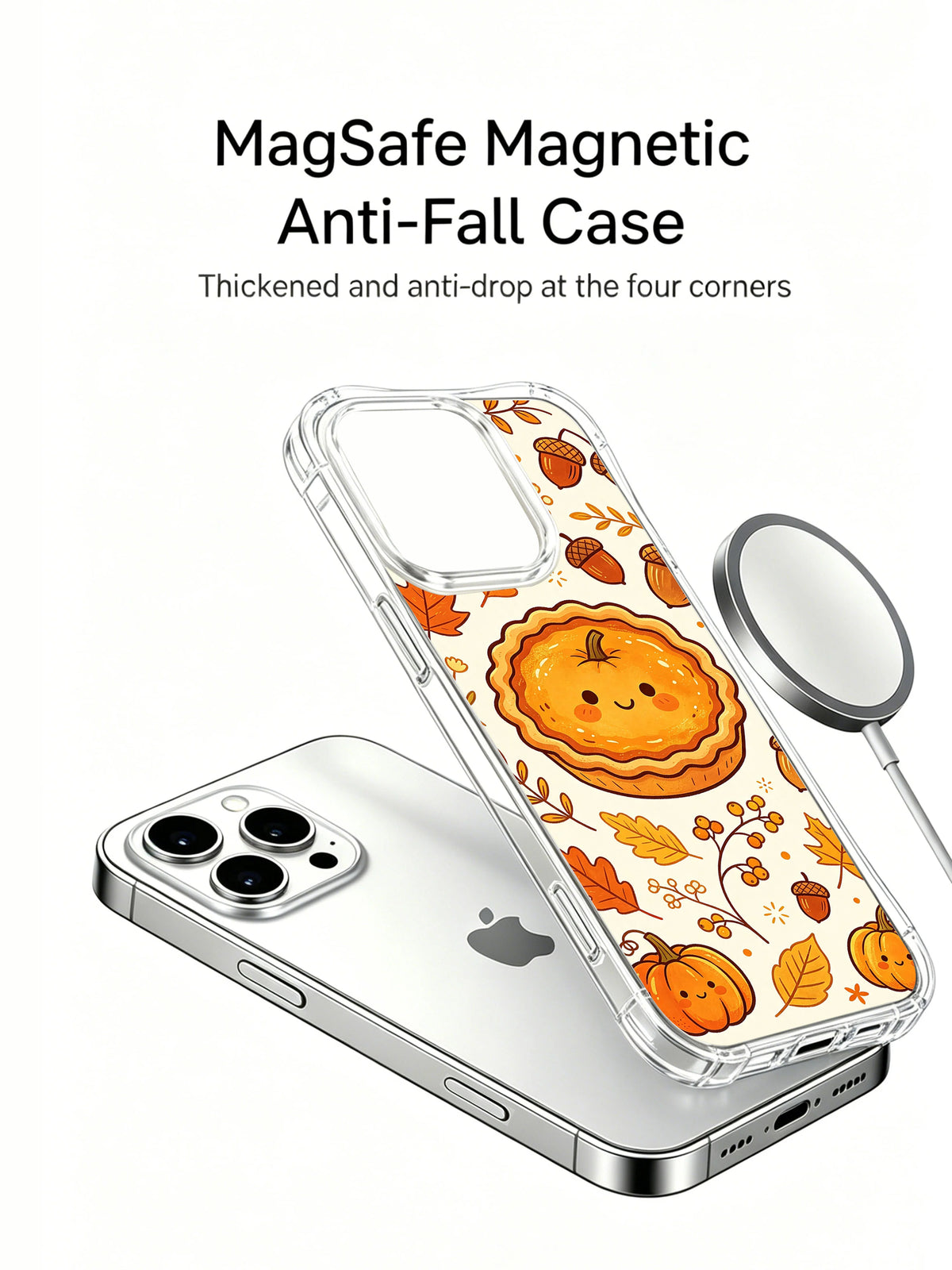 Pumpkin Orchard Keepsake: Telefonun üzerinde ayrı gösterilen desenli kılıf ve yanında yuvarlak şarj aygıtı.
