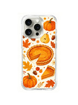 Pumpkin Orchard Keepsake / Orchard Pie Memory: Armut, balkabakları ve geniş yapraklarla iri sade balkabağı turtası ve ayrı dilim.