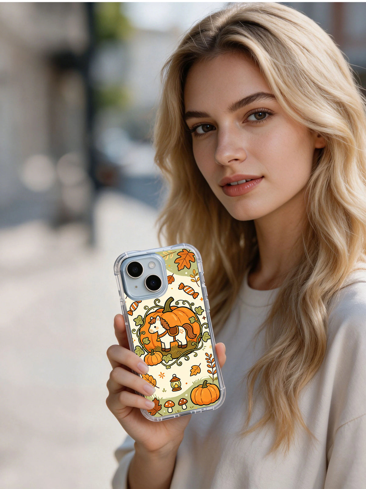 Woman holding the Pumpkin Patch Pony Friends iPhone 14 case