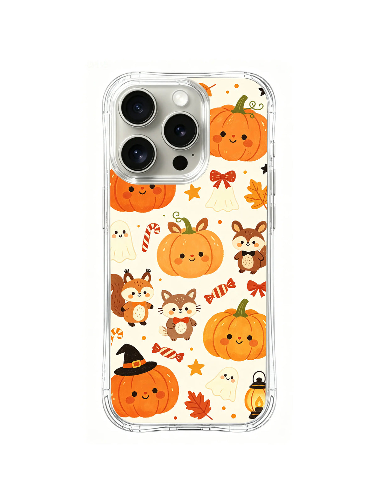 Pumpkin Raccoon Party pattern on iPhone 14 Pro case