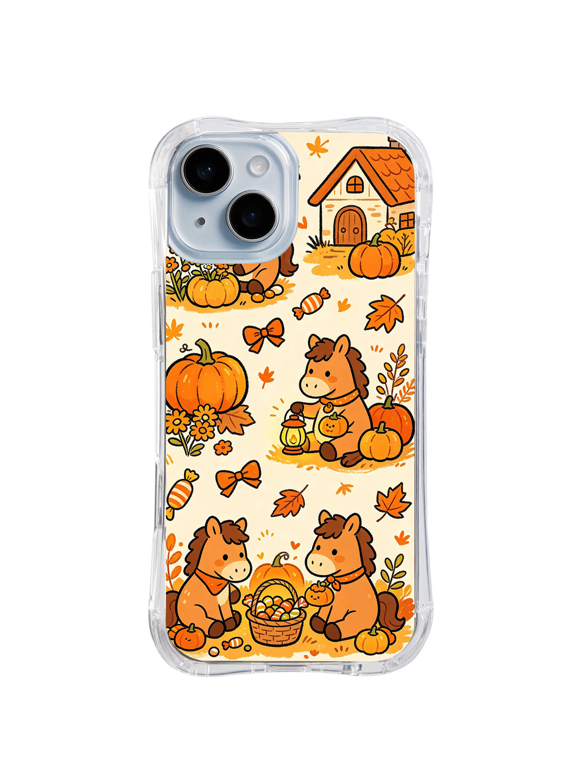 Pumpkin Ranch Pony Party pattern on a clear iPhone 14 case