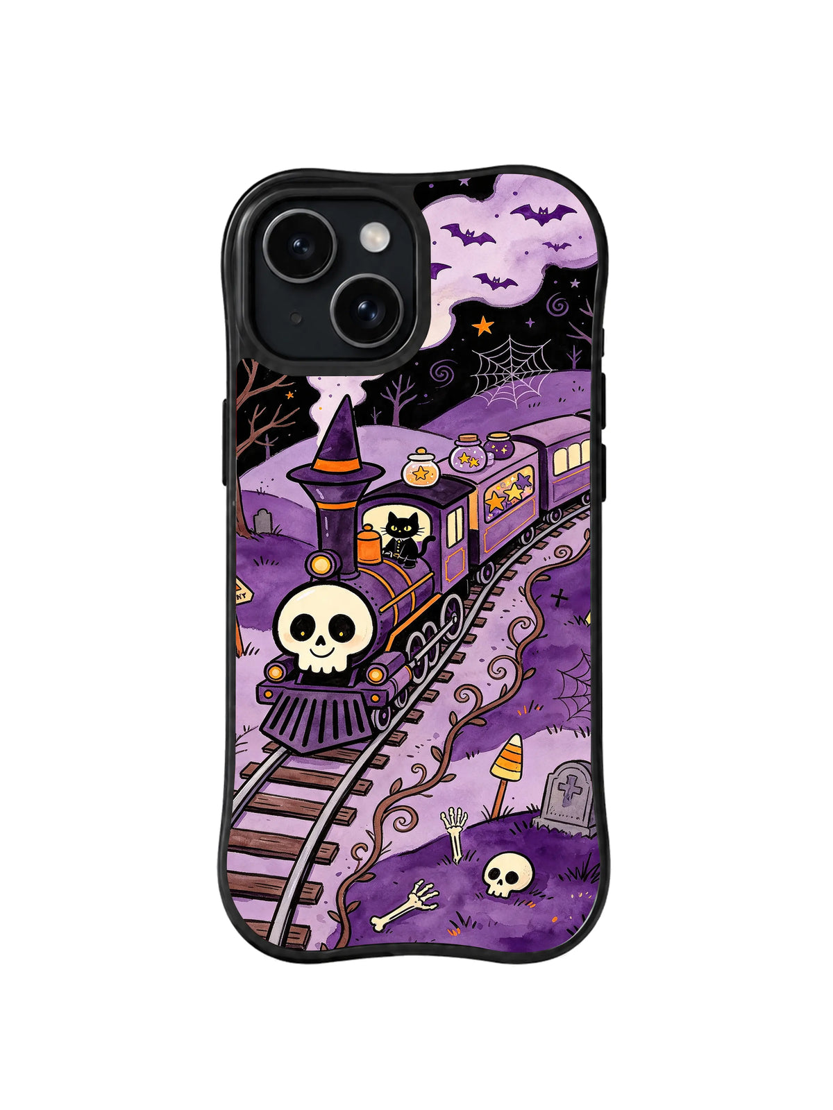 Purple Dream Rail: Kafatası önlü mor tren; kedi, yarasalar ve yıldız kavanozlarıyla mezarlıkta kıvrılır.