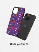 Purple Moonflower Night: case shown separately beside a phone with the small-cloud pattern.