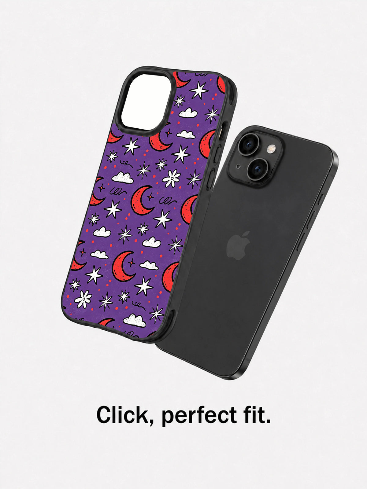 Purple Moonflower Night: case shown separately beside a phone with the small-cloud pattern.