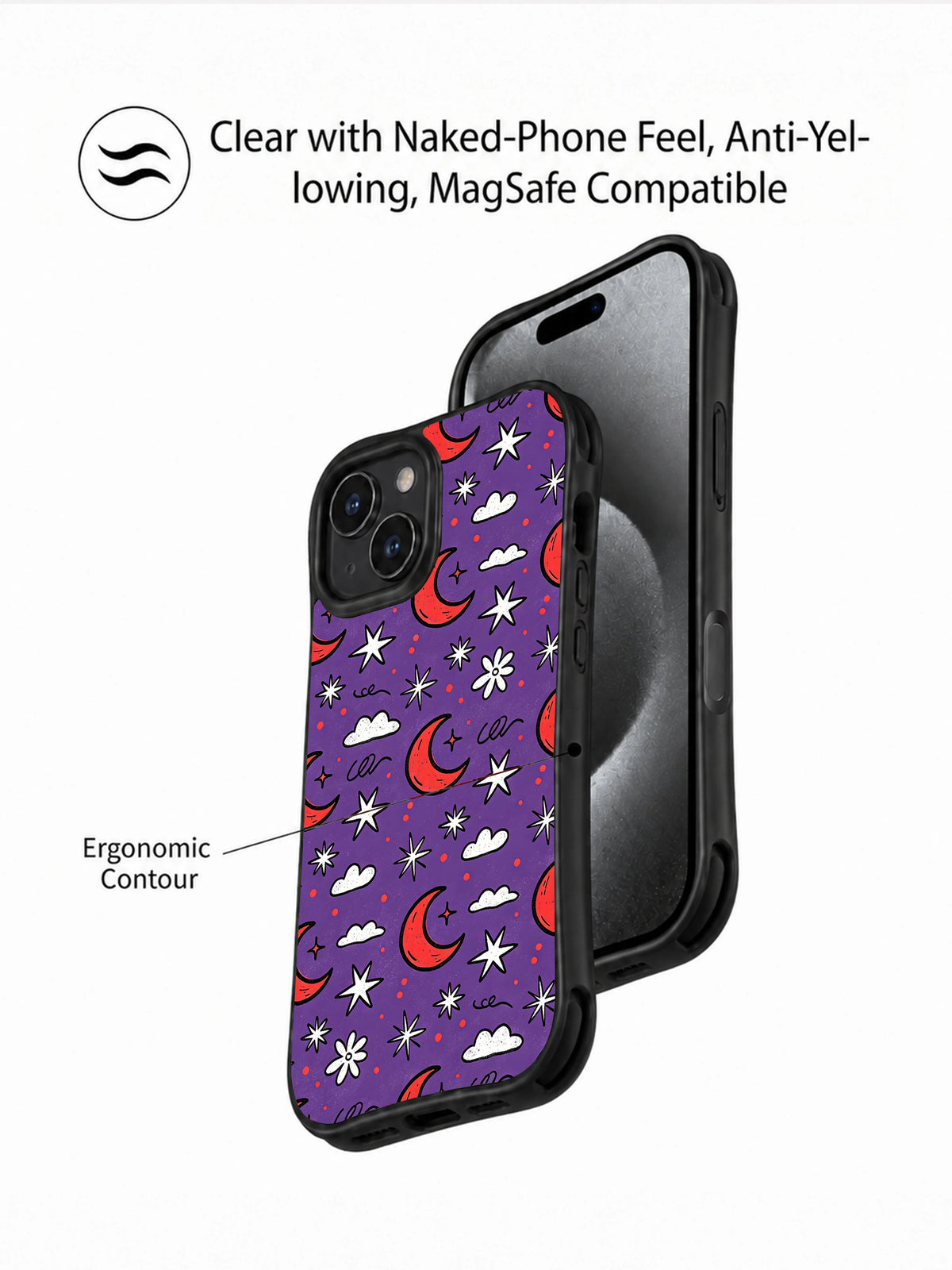 Purple Moonflower Night: front and back presentation of the case with the small-cloud pattern.