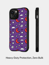 Purple Moonflower Night: rear and side presentation of the case with the small-cloud pattern.