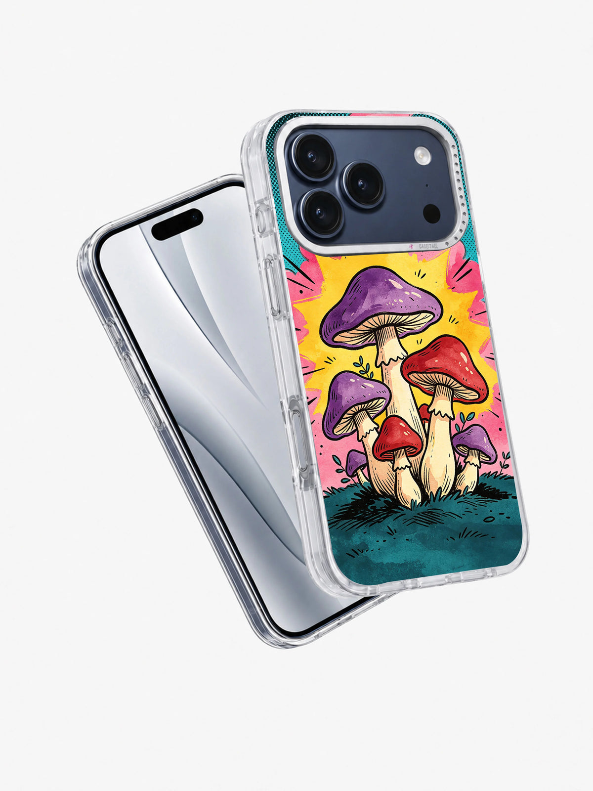 Angled view of the Purple Mushroom Boom cottagecore iPhone case
