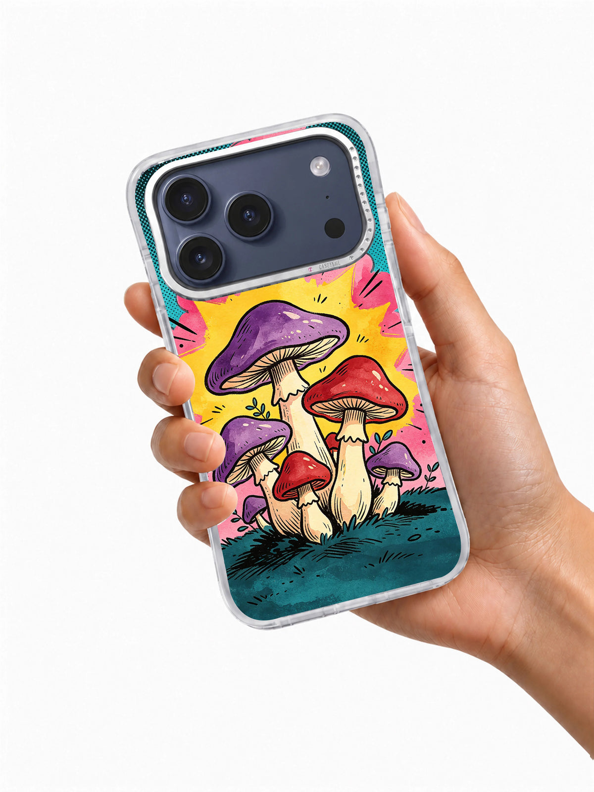 Hand holding the Purple Mushroom Boom purple mushroom iPhone case