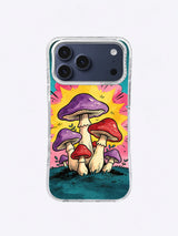 Purple mushroom iPhone case with violet caps, cream stems, crimson mushrooms, yellow comic burst, pink clouds, and dark teal ground
