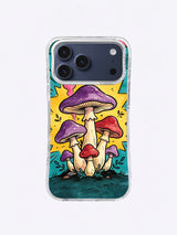 Cottagecore mushroom iPhone case with layered purple and red caps, pale stems, teal soil, yellow rays, cobalt halftone, and leafy accents