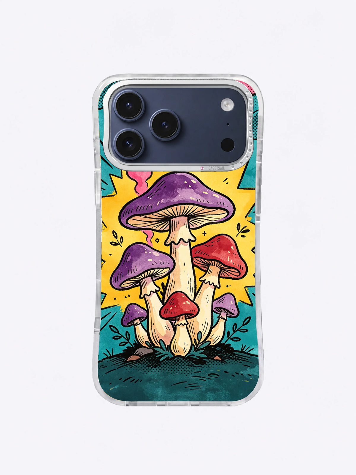 Cottagecore mushroom iPhone case with layered purple and red caps, pale stems, teal soil, yellow rays, cobalt halftone, and leafy accents