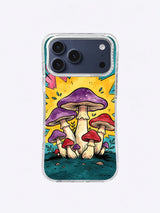 Tall purple mushroom phone case artwork with cream stems, red caps, hot-pink clouds, yellow explosion shapes, and dark teal ground