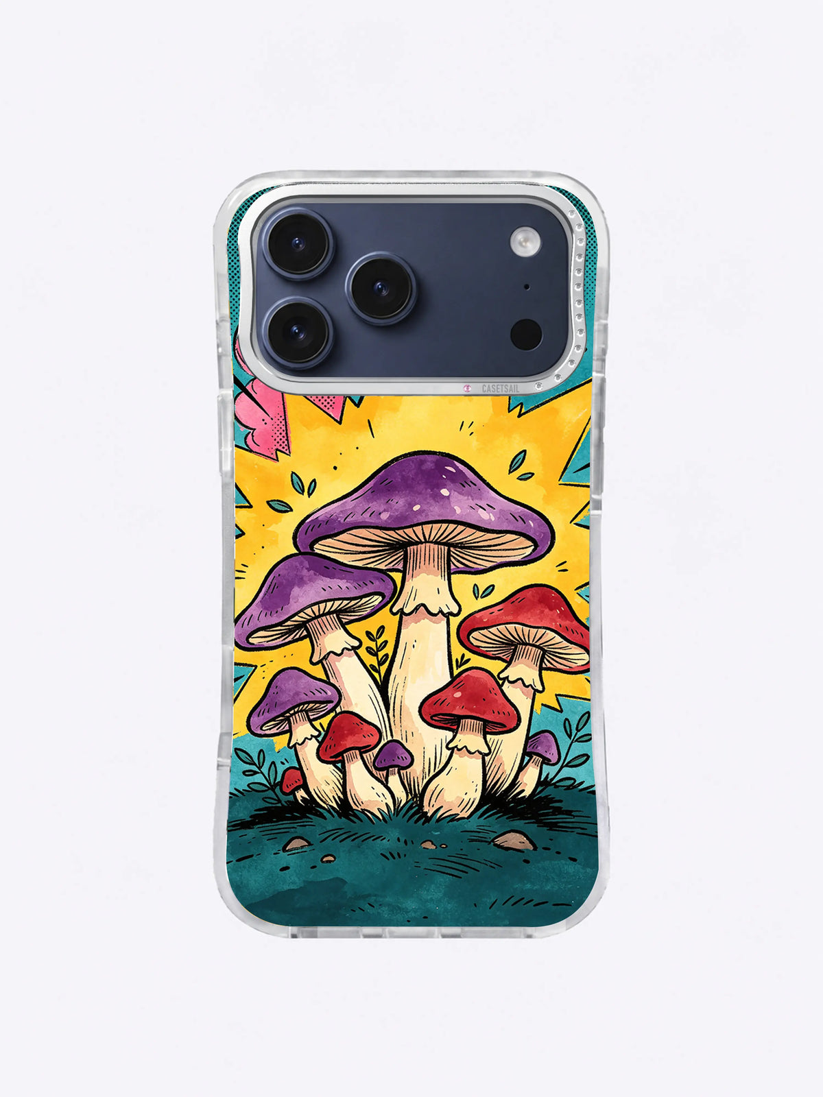 Tall purple mushroom phone case artwork with cream stems, red caps, hot-pink clouds, yellow explosion shapes, and dark teal ground