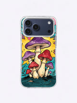 Retro comic mushroom iPhone case with violet canopy, crimson caps, cream stems, cobalt halftone, pink smoke, and black directional lines