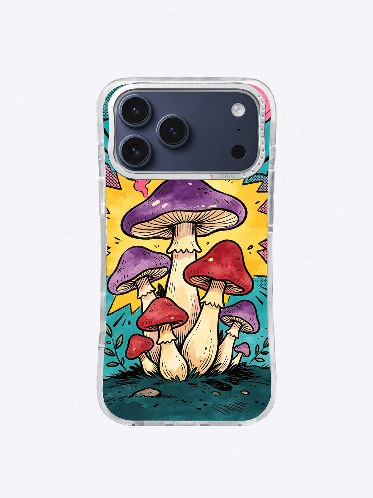 Retro comic mushroom iPhone case with violet canopy, crimson caps, cream stems, cobalt halftone, pink smoke, and black directional lines