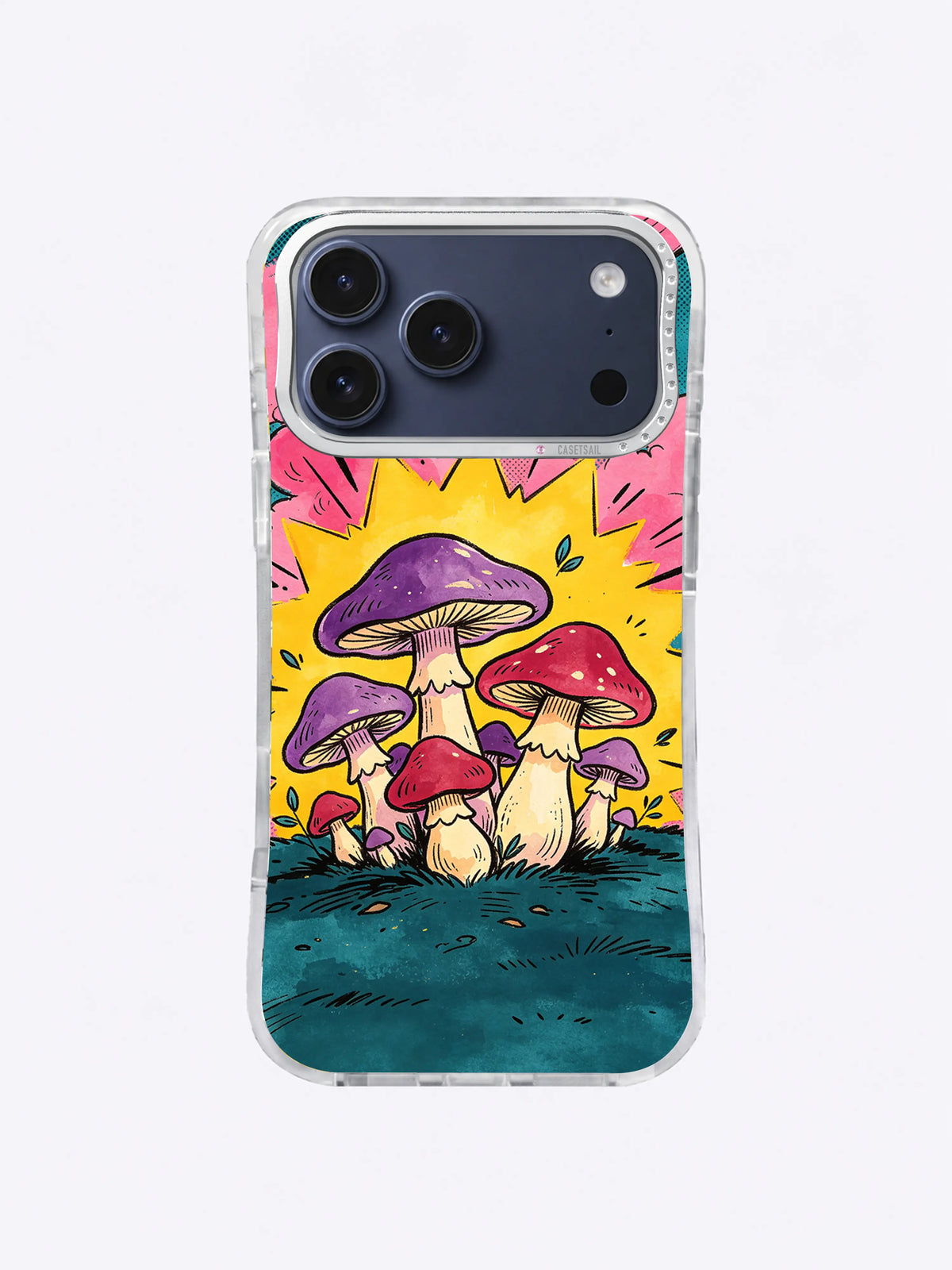Purple and red mushroom cluster iPhone case with cream stems, teal forest floor, bright yellow burst, pink clouds, and rough ink texture