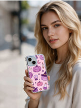 Purple Pumpkin Magic iPhone 14 Plus case, packaging presentation
