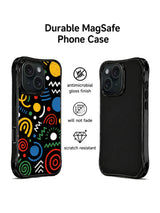 Black colorful doodle iPhone 15 Pro case front and back view