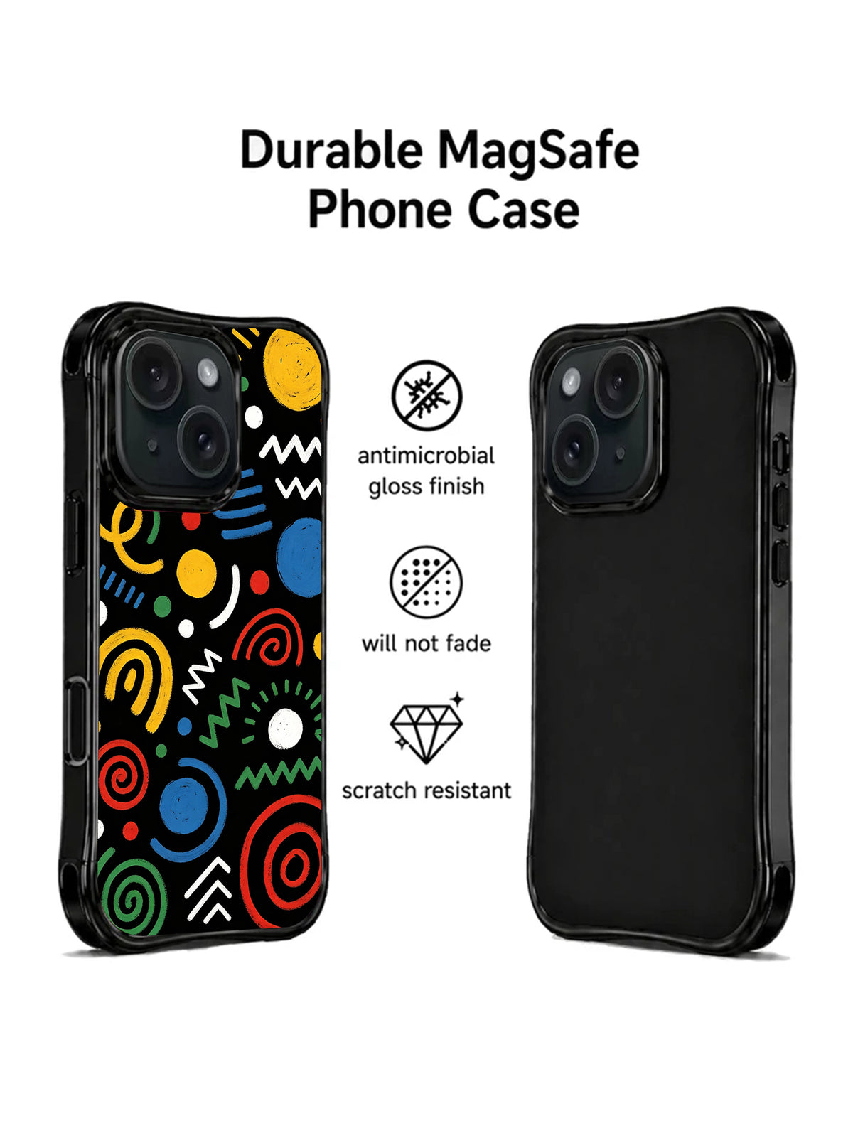 Black colorful doodle iPhone 15 Pro case front and back view