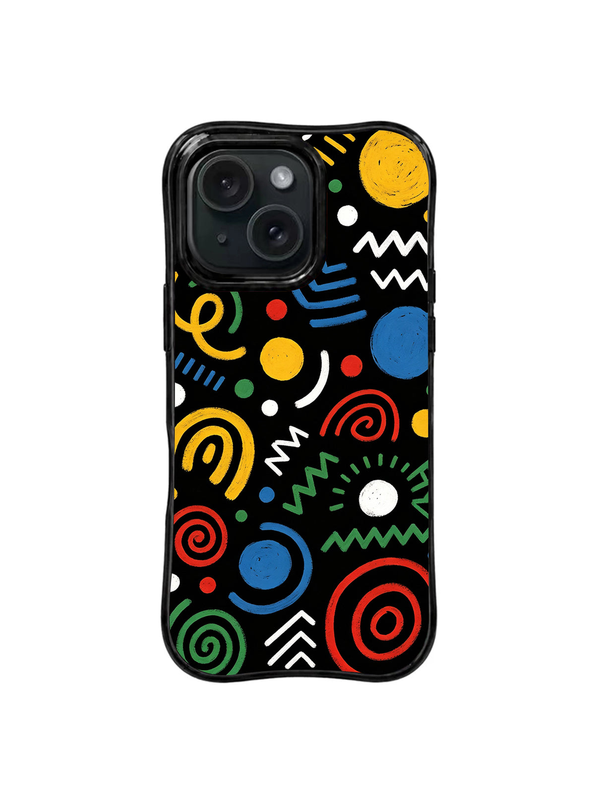 Quiet Chaos colorful abstract doodle iPhone 15 Pro case front view