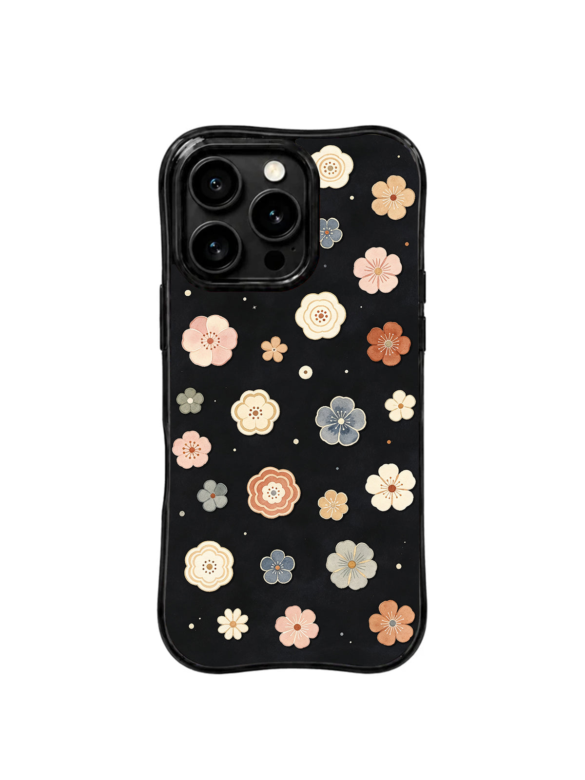 Quiet Floral Manuscript iPhone 15 Pro case with small flowers on black