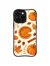 Quiet Harvest Blessing / Pumpkin Pie Pause: A round pumpkin pie with a wedge opening, orange pumpkins, acorns and cinnamon on cream.