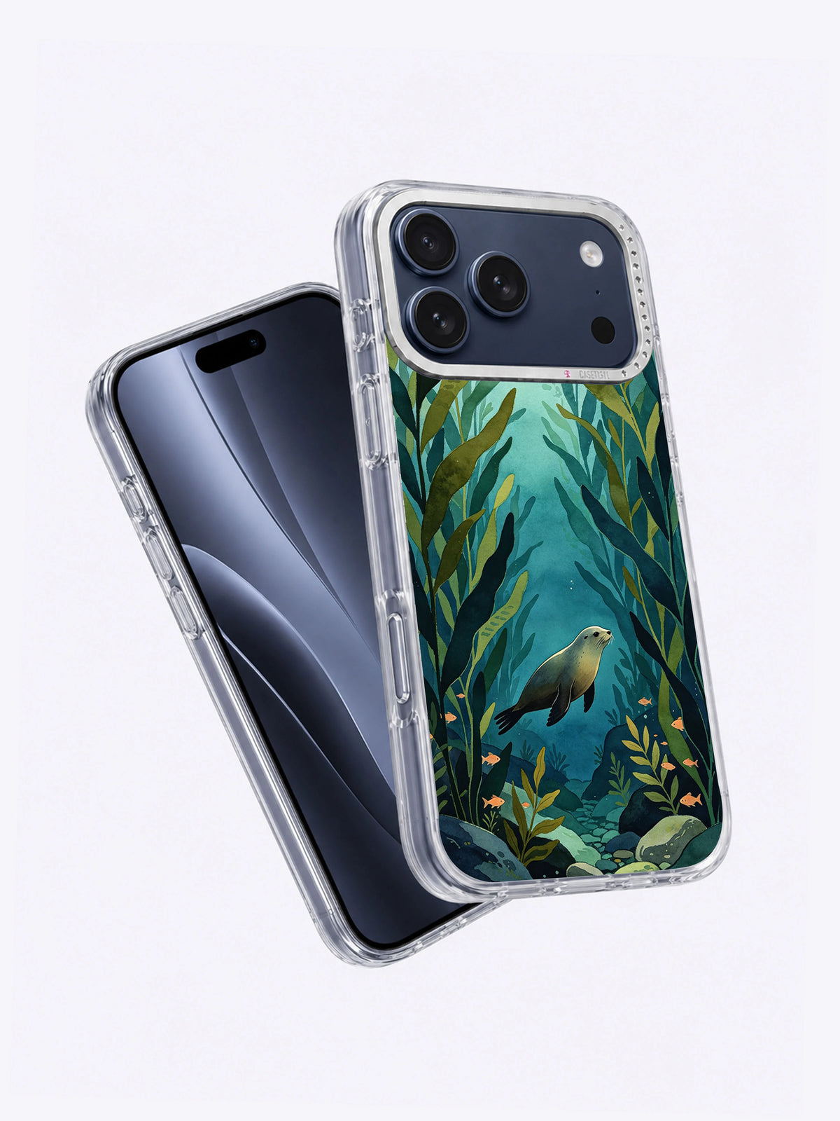 Angled view of Quiet Kelp Forest artwork on a transparent iPhone case