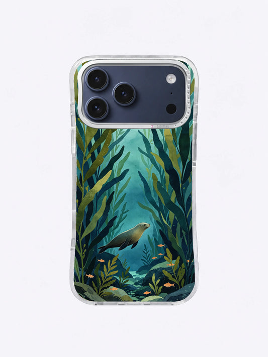 Olive Kelp Hideaway case art with a small marine swimmer among deep green fronds