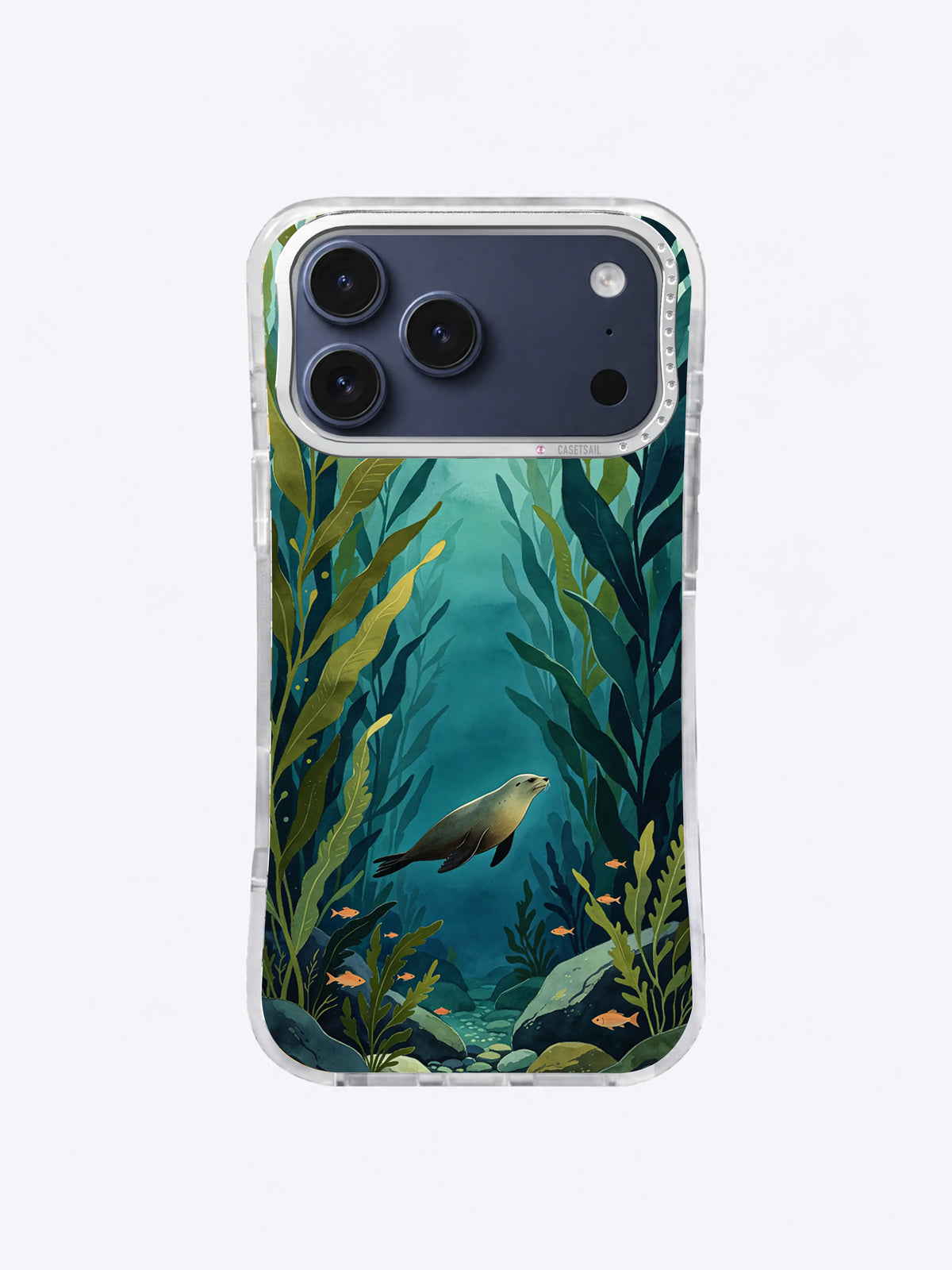 Turquoise Canopy Drift kelp forest iPhone case artwork in teal and olive
