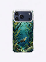 Quiet Forest Crossing ocean case art with layered kelp and a small swimmer
