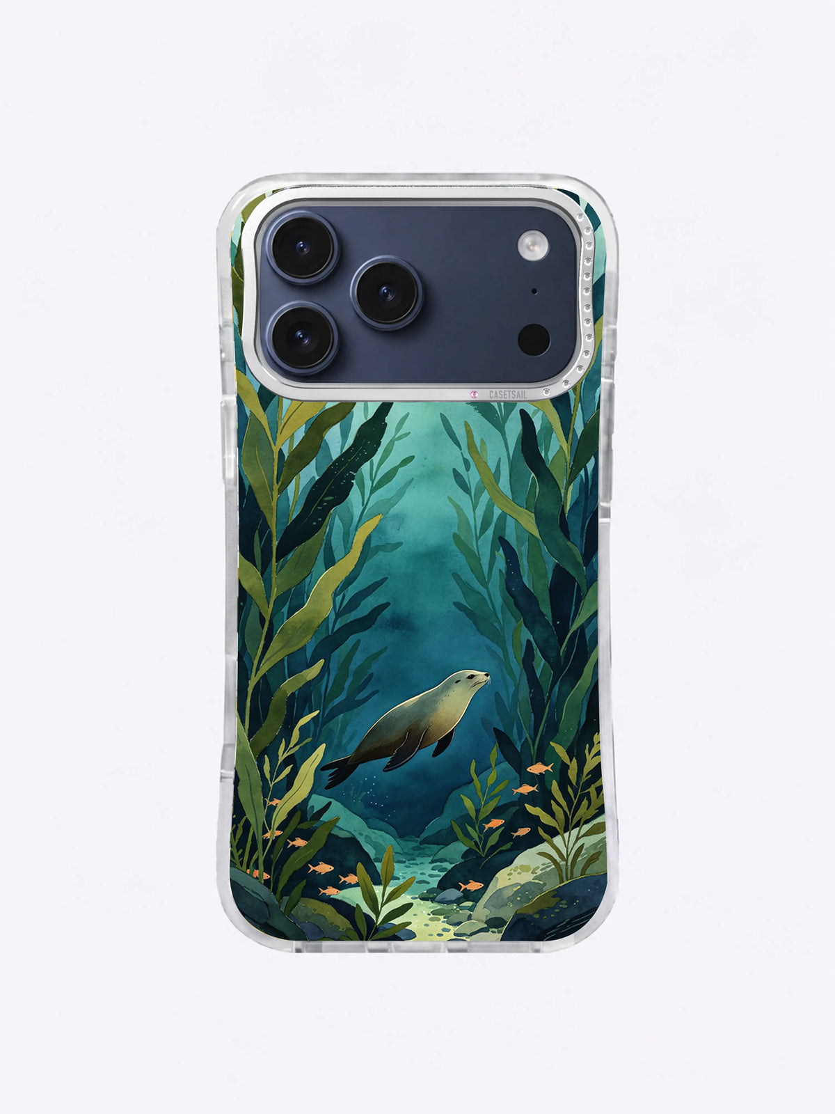 Quiet Forest Crossing ocean case art with layered kelp and a small swimmer