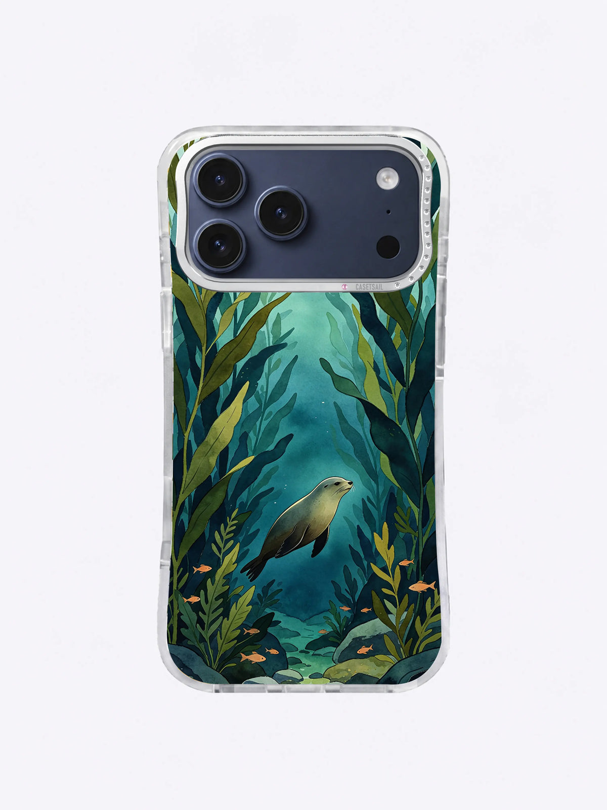 Deepwater Ribbon Path kelp case art with dark fronds framing turquoise water