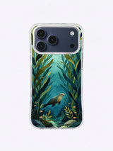 Golden Frond Sanctuary kelp forest iPhone case art with teal water and orange accents