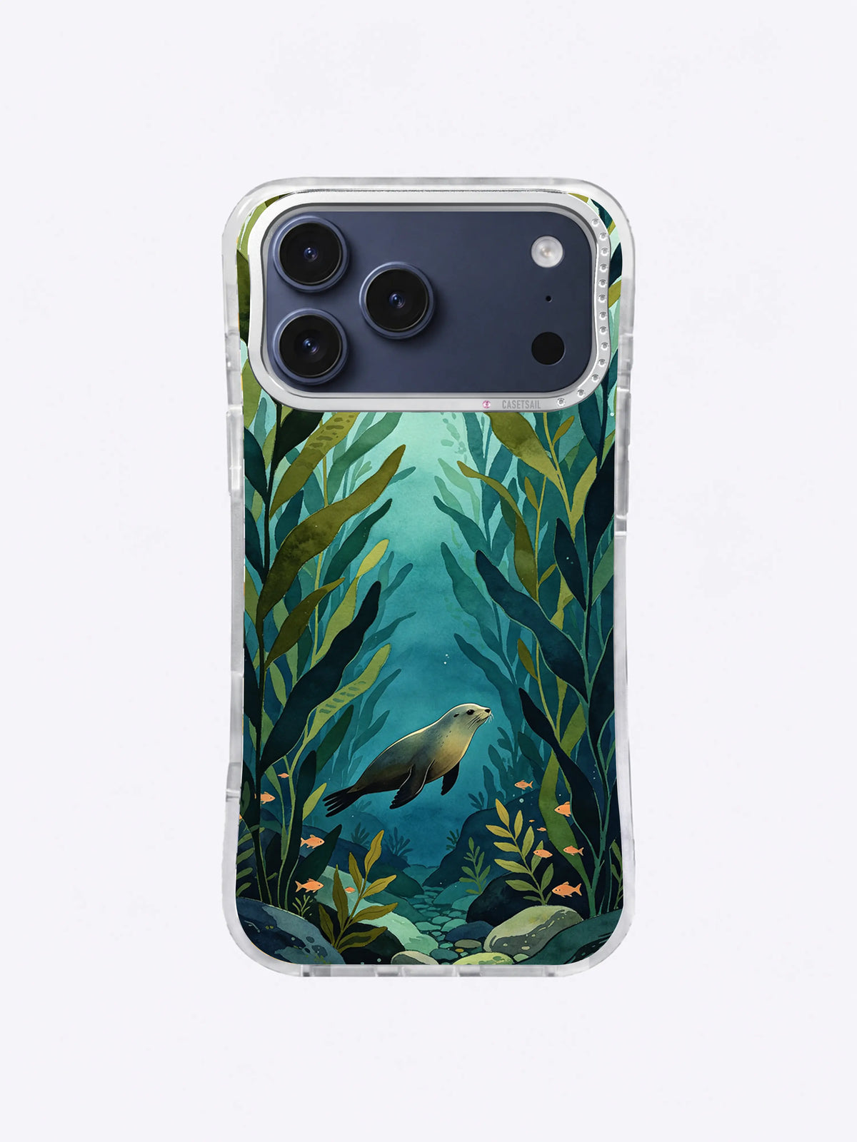 Golden Frond Sanctuary kelp forest iPhone case art with teal water and orange accents