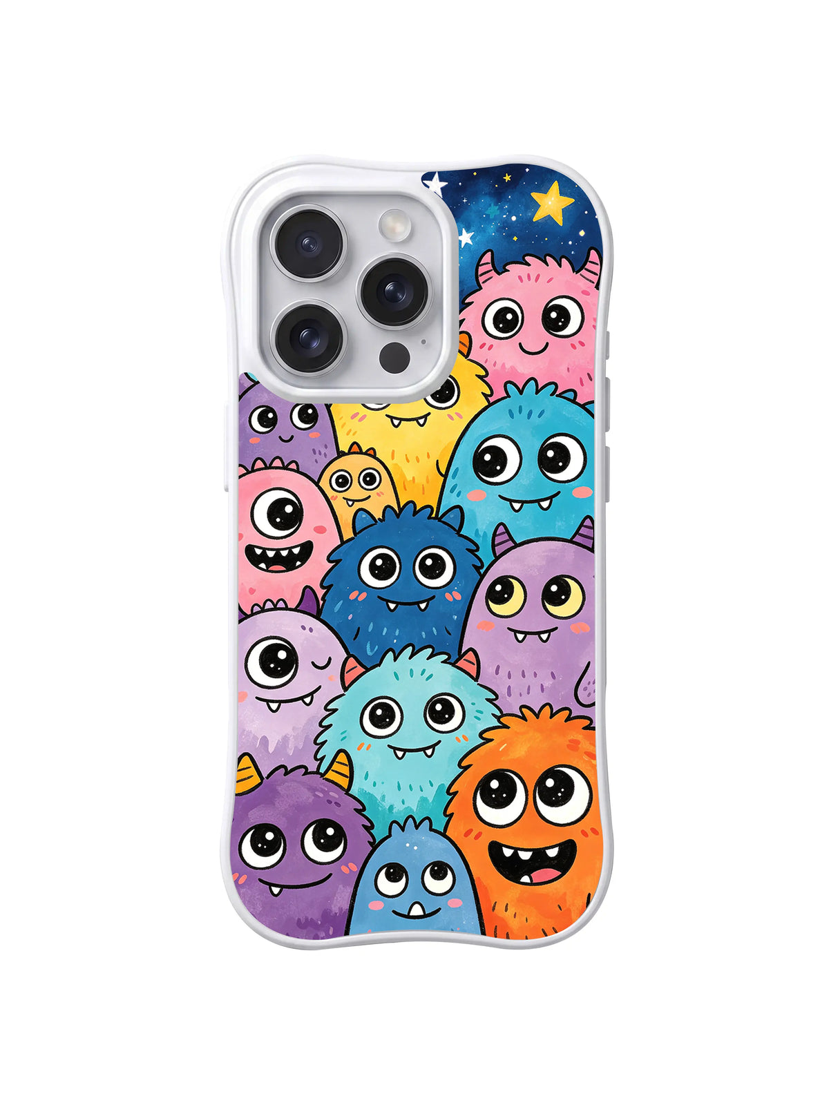 Star Gaze Monster Crowd: Pastel tüylü canavarlar yıldızlı koyu mavi göğün altında toplanır.
