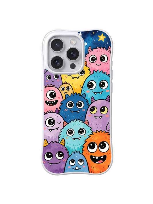 Star Gaze Monster Crowd: Pastel tüylü canavarlar yıldızlı koyu mavi göğün altında toplanır.