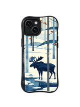 Birchbank Antlers pattern on a black iPhone 13 case with a dark blue moose, broad antlers, winter trunks and frozen water